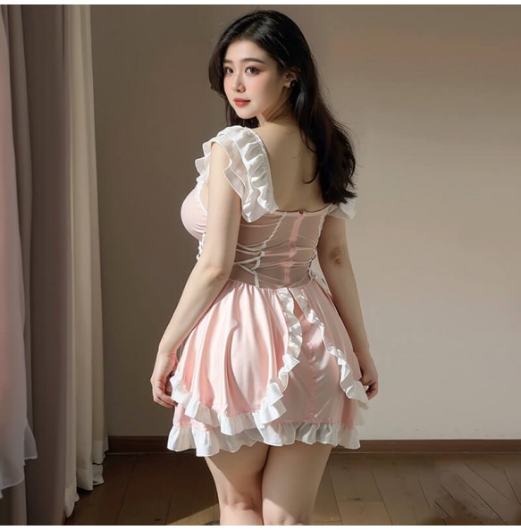 FEE ET MOI - Sweet Mesh Sheer Chest Soft Maid Outfit (Plus Size - Pink White)